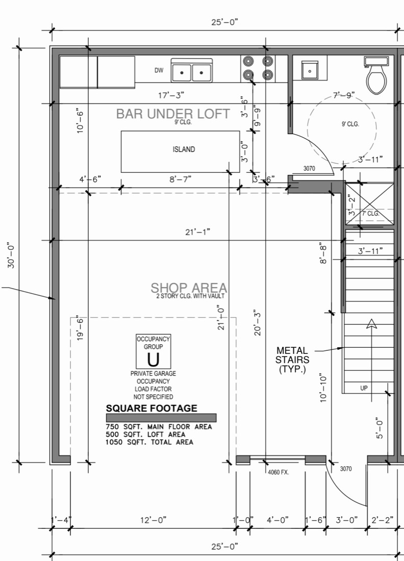 Sample floor plan: 25 by 30 foot unit with a two-story shop area, a loft, a kitchenette with an island and a bathroom