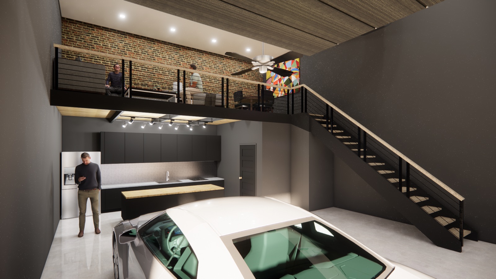 Rendering of an Autobahn garage condo with a loft lounge, kitchenette and a sports car on the shop floor