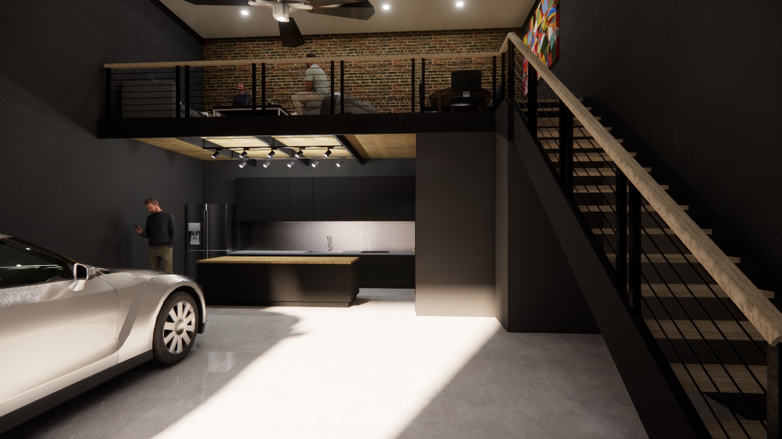 Rendering of a unit interior with a loft, kitchenette and a car parked on the shop floor